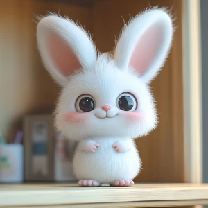 A cute designer toy character Labubu standing on a wooden shelf,...