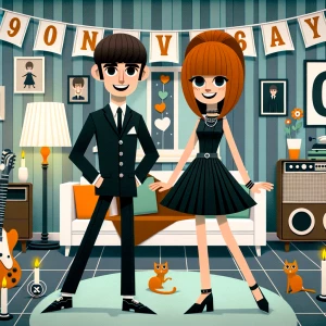 ‘Happy 19th Anniversary!’ Written
A 60s mod vibe with a tan male...