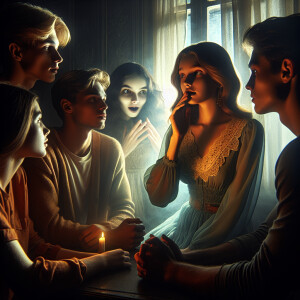 Two girls and two guys are standing in a dark room and talking t...