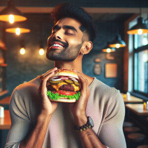 Изобразите человека, который наслаждается бургерами