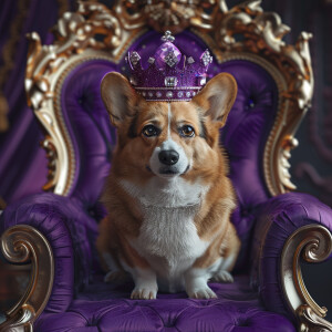 Create a realistic picture of a pembroke corgi with a purple cro...
