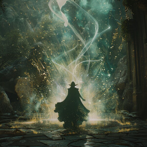 A cinematic view of a female elf sorcerer casting spells, inspir...