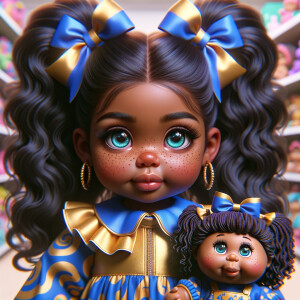 Create a 3-D image of an african-American little girl inside of a medium size, toy store. The little girl has thick long, ponytails and huge blue eyes. She has on a gold and blue jumpsuit with matching bows, She is playing with her favorite african-American cabbage patch doll, the doll has deep, dimples, and freckles and looks just like her