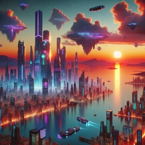 *"A futuristic cityscape at sunset with floating islands, neon-lit skyscrapers, and flying vehicles, in a cyberpunk art style."*