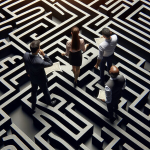 An overhead view of two men and one woman standing in a black ma...