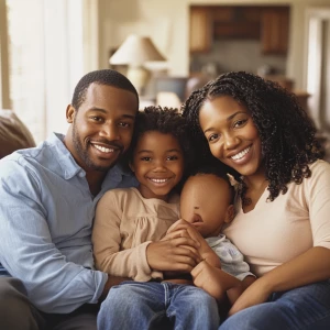 Portrait of an African American family in their home, featuring...