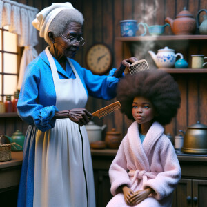 Create a realistic 3-D image of an african-American grandmother wearing a blue house dress and a white apron . She is in the kitchen with her african-American granddaughter. Her granddaughter is wearing a pink bath robe. The grandmother has a hot comb in her hand and she is straightening her granddaughters hair. One side of her granddaughters hair is in  a Afro the other straight 
There is smoke coming from the hot comb
The granddaughter is making a face