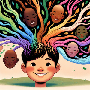 A whimsical and colorful illustration titled "Rainbow Roots," de...