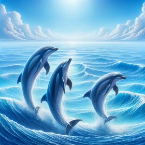 3 dolphins playing in the blue ocean.
