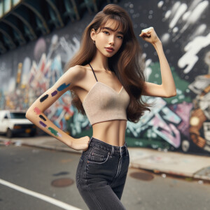 Very thin Athletic Thin skinny Attractive, Asian teenage girl, long brown hair and bangs, wearing tight skinny jeans and a halter top paint marks on her clothing, heroic sideways pose Asian graffiti background