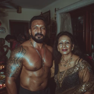 Realism,v6.a muscular beefy sweaty tattoed indian man enjoying w...