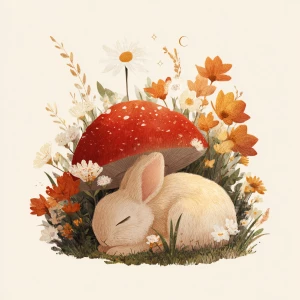 Cute fluffy rabbit sleeping under a red mushroom with white spot...