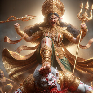 photograph of angry looking, indian goddess trampling a defeated mahishasur with her foot, while he is lying on the ground, she has a trident in her hand. She is wearing gold armor, a huge gold crown, gold saree, abundant  gold jewelry, covered in blood. The scene is set in ancient India. The image is 8K resolution, cinematic, photography, ultra detailed face and epic.