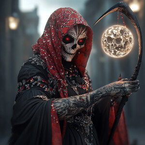 A reaper lady with a tattooed face and body. Skin with jewels an...