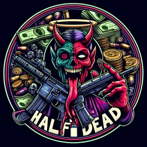 Create a professional, horror-themed circular brand logo featuri...