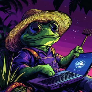 Pepe the Frog wearing a straw hat and holding a pitchfork, sitti...