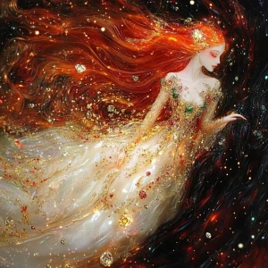 A celestial, high-angle composition. A radiant, fiery-haired God...