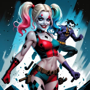 Generate a full-body illustration featuring Harley Quinn in her...