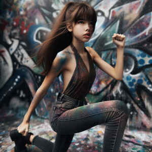 teenage girl, long brown hair and bangs, wearing tight skinny jeans and a halter top paint marks on her clothing, heroic pose Asian graffiti background, nearing on one knee