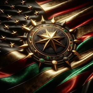 A reimagined American flag infused with bold Black Power symboli...