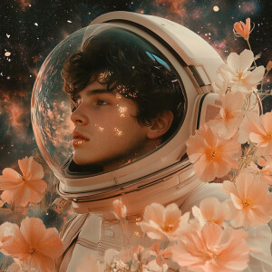 A young man inside a space helmet, 
gazing thoughtfully. he has...