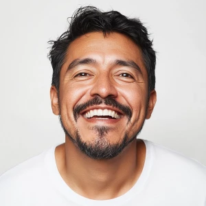 Create a modern-day portrait of a joyful 34-year-old Mexican man...