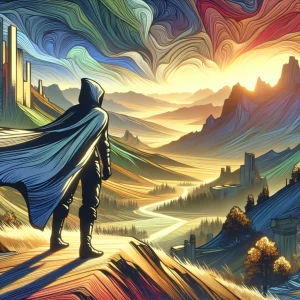 An adventurer overlooking a glowing valley, their cloak billowin...