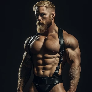 Joe bodybuilder blonde hair and beard wearing a black leather sh...