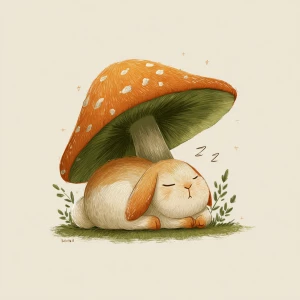 Chubby rabbit napping under tall mushroom, whimsical style, past...