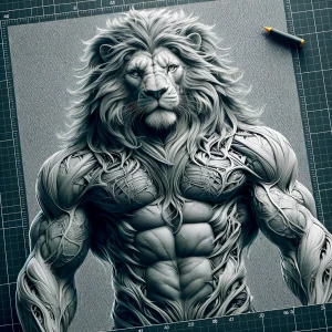 Create a 3D T-shirt design featuring a man-lion hybrid with an e...