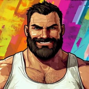 White muscular thin man with beard, big chin, smile and cheekbon...