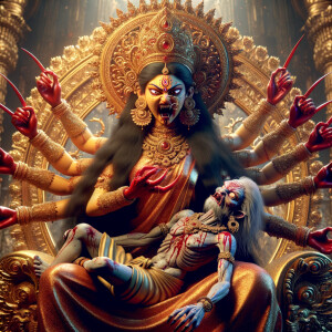 portrait of angry looking goddess durga sitting on a gold crown and carrying a weak mahishasur on her lap and poking him with her amazingly long red fingernails. She is covered in blood. The scene is set in ancient India. The image is 8K resolution, cinematic, photography, ultra detailed face and epic.