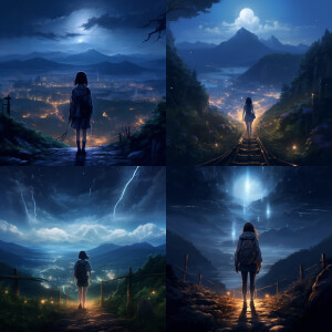 A girl standing with her back facing on a mountain path, hands p...