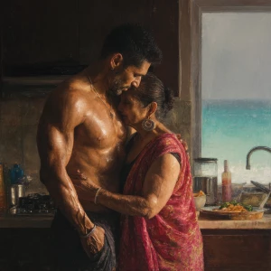 Hyperrealism painting.a muscular sweaty indian man standing be...