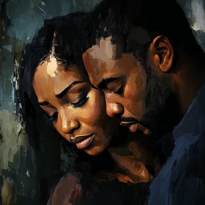 Generate an image of a poignant scene featuring an attractive African American couple, a man and woman, with expressions of sorrow and resignation as they emotionally prepare to go their separate ways.