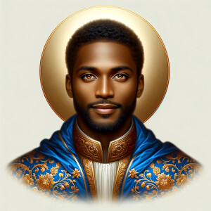 Create a beautiful African-American Jesus Christ with Hazel, brown eyes and blue and gold robe