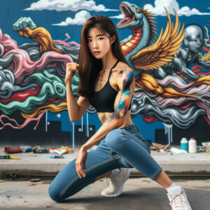 Very thin Athletic Thin skinny Attractive, Asian teenage girl, long brown hair and bangs, wearing tight skinny jeans and a halter top paint marks on her clothing, sitting side view heroic pose Asian graffiti