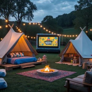 Outdoor boys' glamping birthday sleepover party featuring a 12 p...