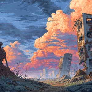 After the storm comes calm good weather. a ruined city in the ba...