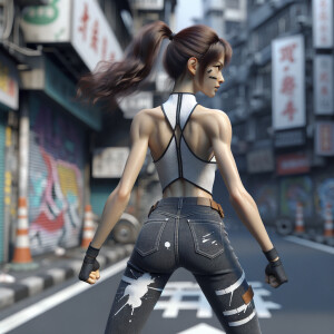 Athletic Thin skinny Attractive, Asian teenage girl, long brown hair and bangs, wearing tight skinny jeans and a halter top paint marks on her clothing, heroic pose Asian graffiti background, backside view