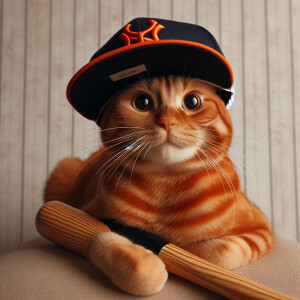An orange cat with a baseball hat and a baseball bat