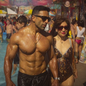 Photo Hyperrealism, painting,a muscular beefy kashmiri man walki...