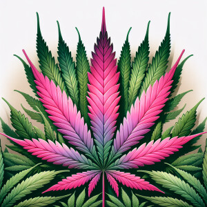 An airbrush image of a large pink cannabis leaf surrounded by gr...