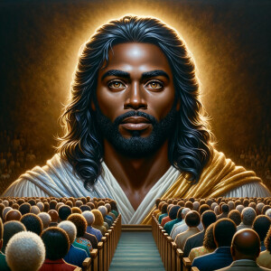 Illustrate an inspiring African-American Jesus crust with a dign...