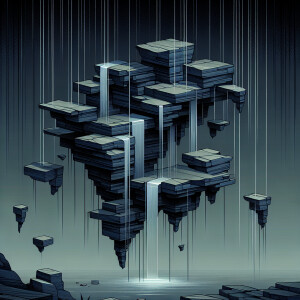 Floating waterfall made from thin slabs of slate stone connected...