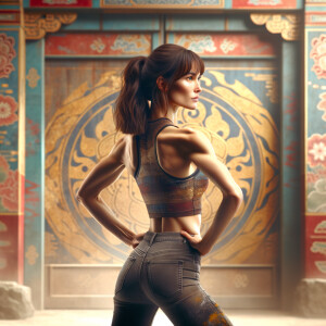 Athletic Thin skinny Attractive, Asian teenage girl, long brown hair and bangs, wearing tight skinny jeans and a halter top paint marks on her clothing, heroic pose Asian graffiti background, backside view