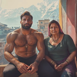 Photorealism,realism,A man muscular beefy sweaty doinga yoga sit...
