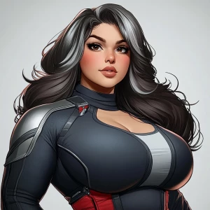 Create a picture of a plus size queen with a hint of superhero h...
