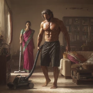 Hyperrealism digital painting ,a indian muscular beefy sweaty...