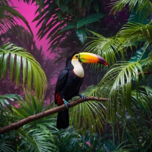 In the heart of a lush, vibrant neon jungle, a majestic toucan w...